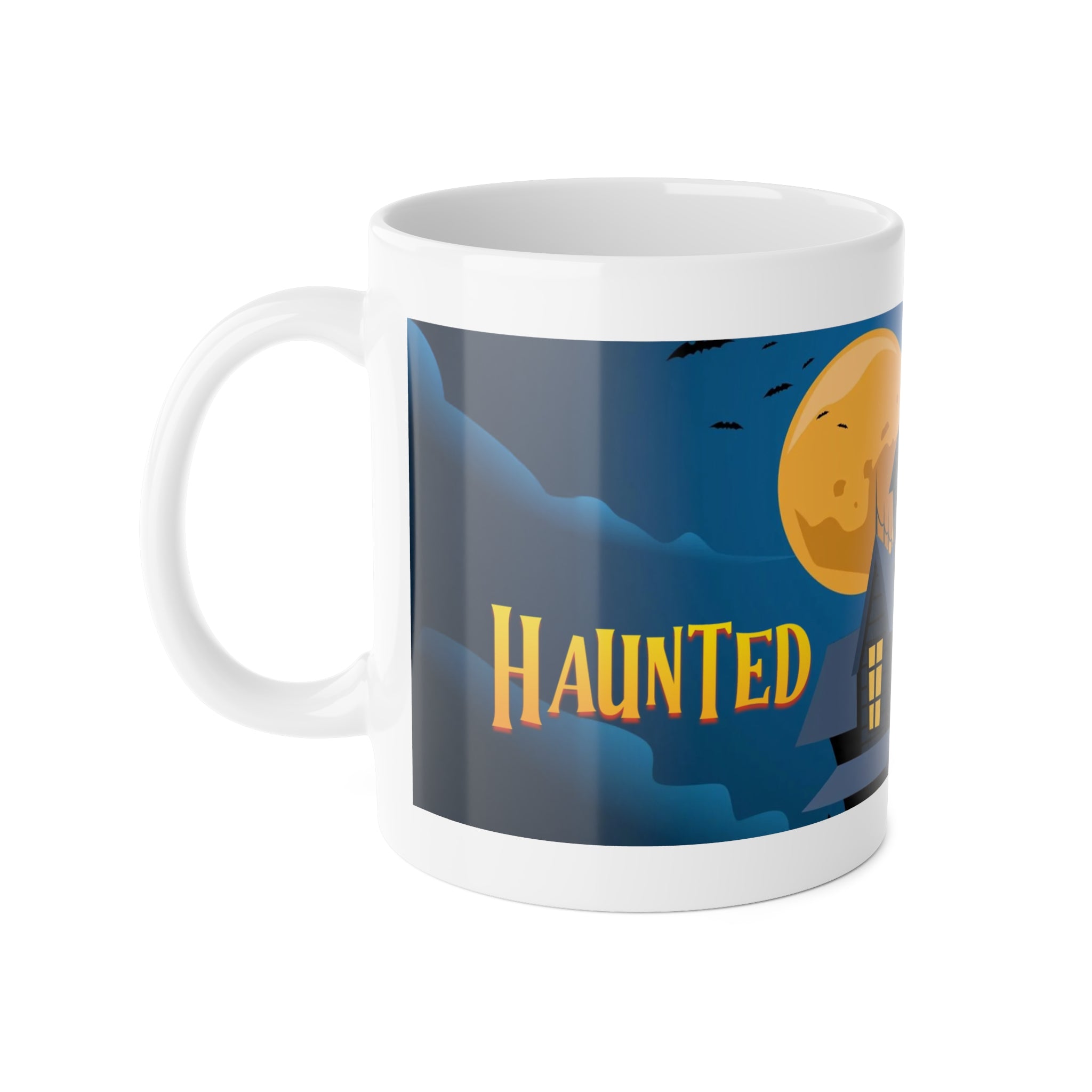 Haunted House Under Full Moon | Halloween Night with Bats | White Ceramic Mug